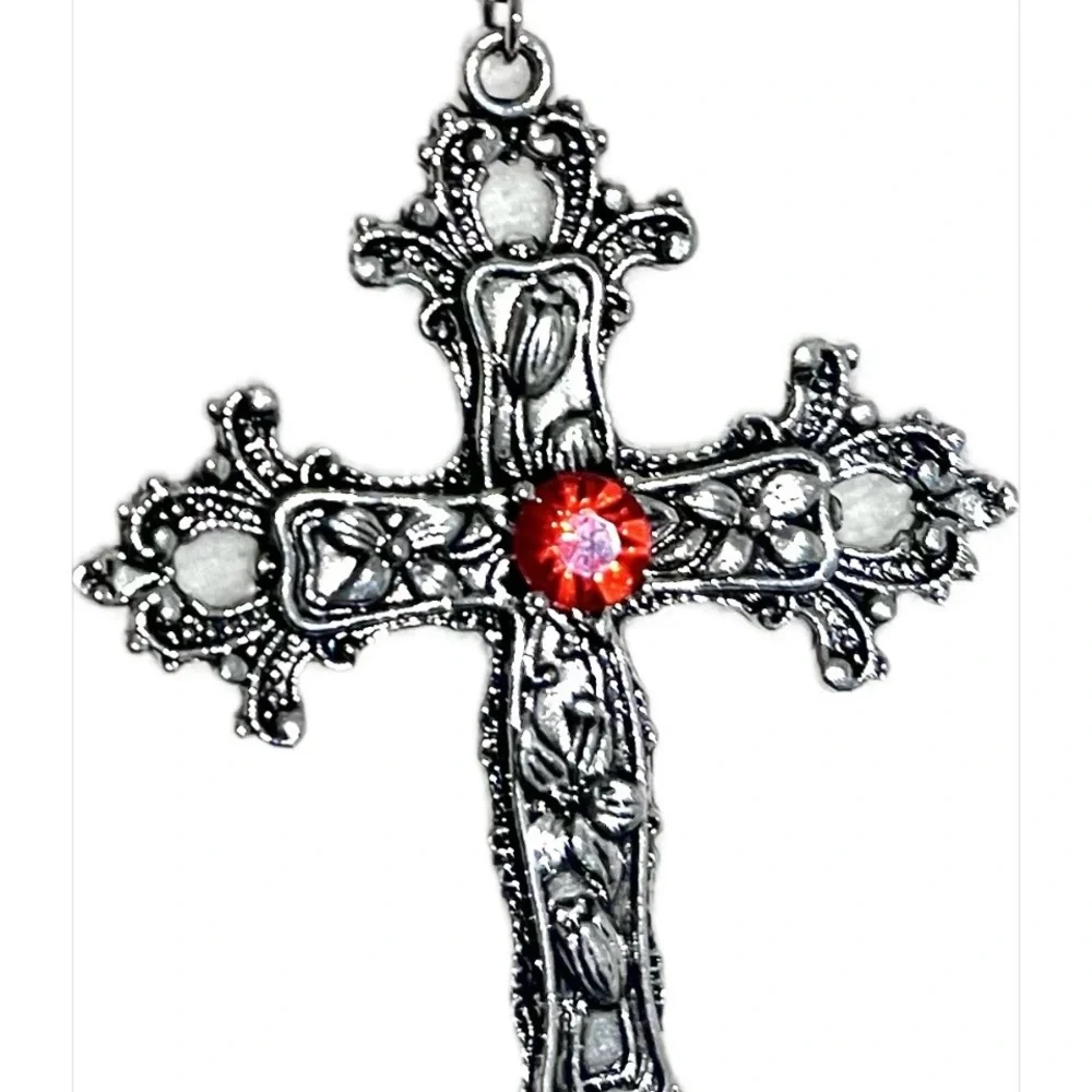 Silver Toned Cross Pendant with Red Gemstone